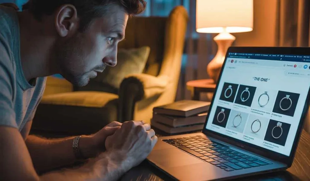 A man sits at a desk in a dimly lit room, looking at a laptop screen displaying various engagement rings for sale.