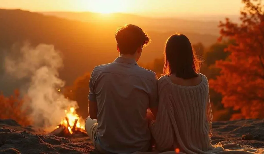 Two people sit on a rocky surface facing a sunset, with a small campfire burning nearby and autumn trees in the background.