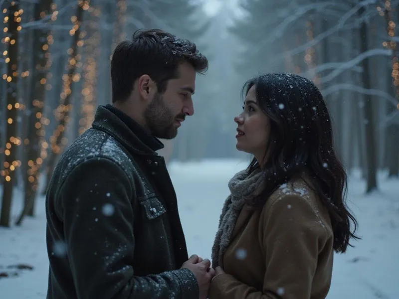 A man and woman stand facing each other in a snowy forest, holding hands, with trees decorated with string lights in the background.