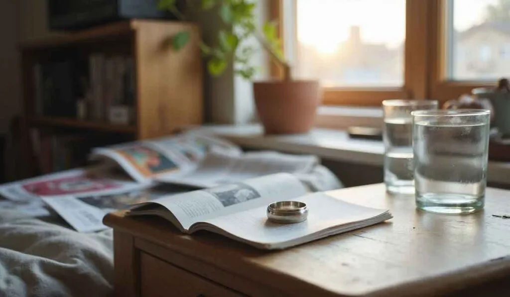 A wooden table with two glasses of water, an open book with a ring on top, and a potted plant near a sunlit window. A magazine lies on a nearby surface.