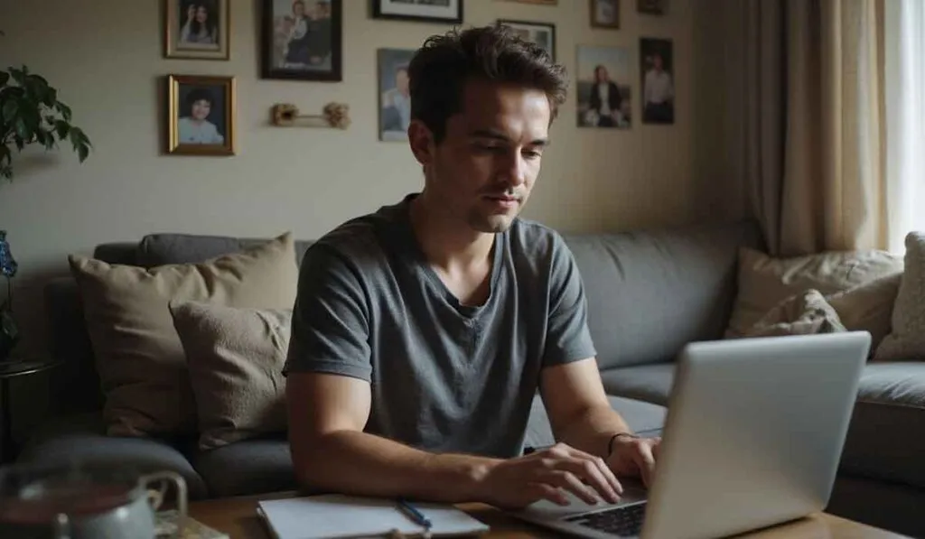 A man sits on a couch using a laptop, with a notepad and pen beside him. Family photos hang on the wall behind him in a living room setting.