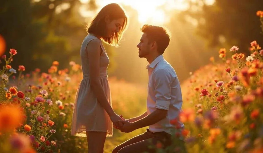 A man kneels holding hands with a woman in a flower field at sunset, surrounded by blooming flowers and warm sunlight.