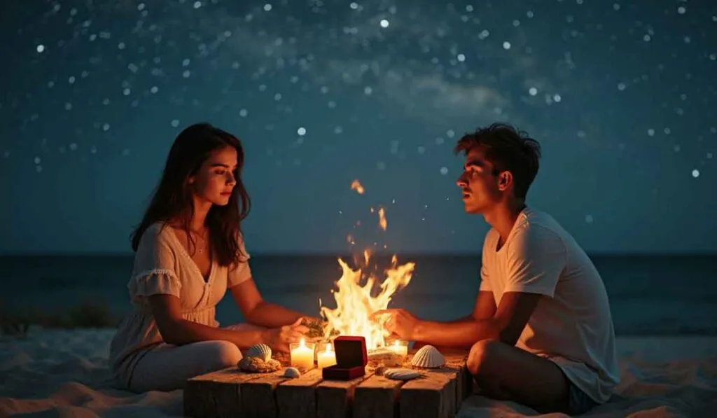 A man and woman sit by a campfire on a beach at night, surrounded by candles and seashells, with stars visible in the sky. An open ring box sits on the table between them.