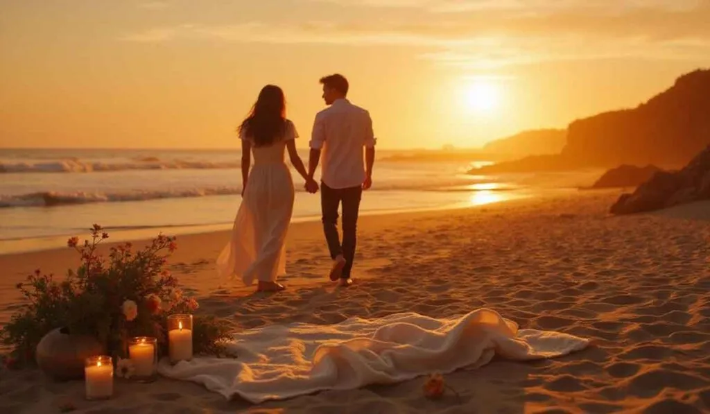 A couple walks hand in hand along a sandy beach at sunset, with flowers, lit candles, and a blanket arranged on the shore.
