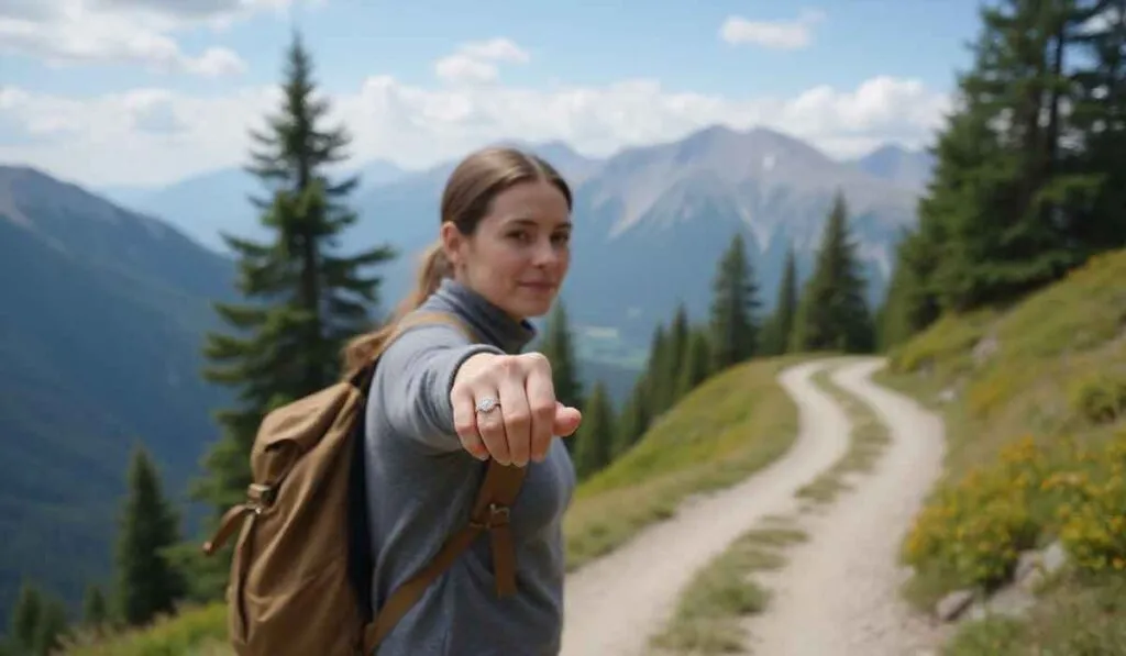 A woman with a backpack stands on a mountain trail, extending her hand forward to display an engagement ring, with mountains and trees in the background.