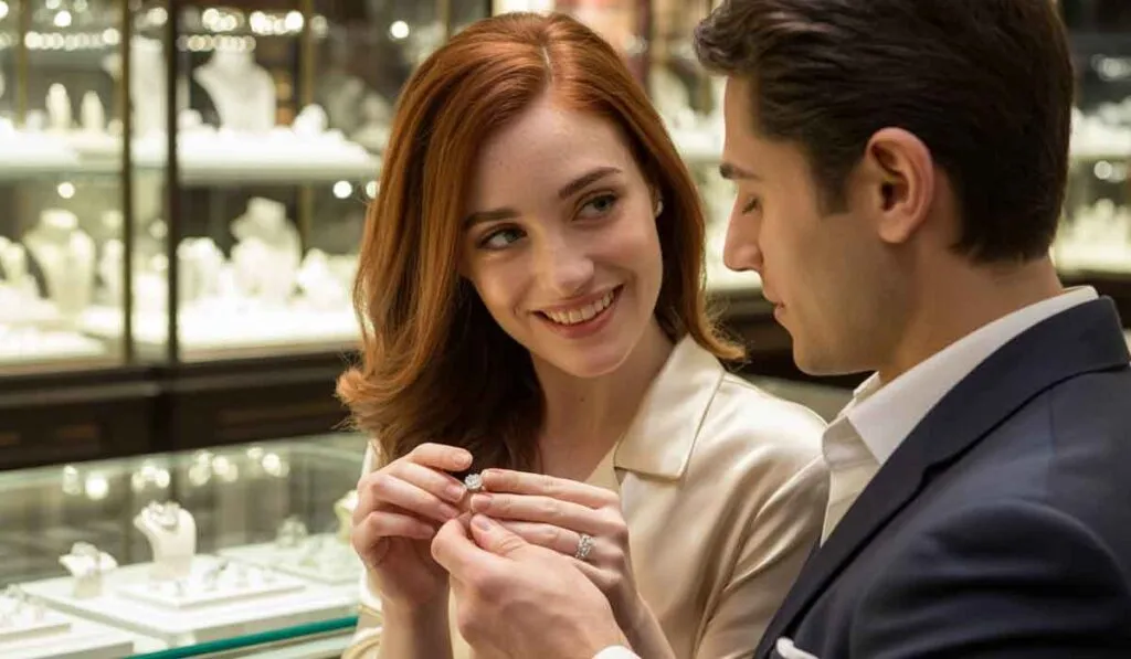 A woman and man sit together in a jewelry store; the woman smiles while holding a ring, and various jewelry pieces are displayed in the background.