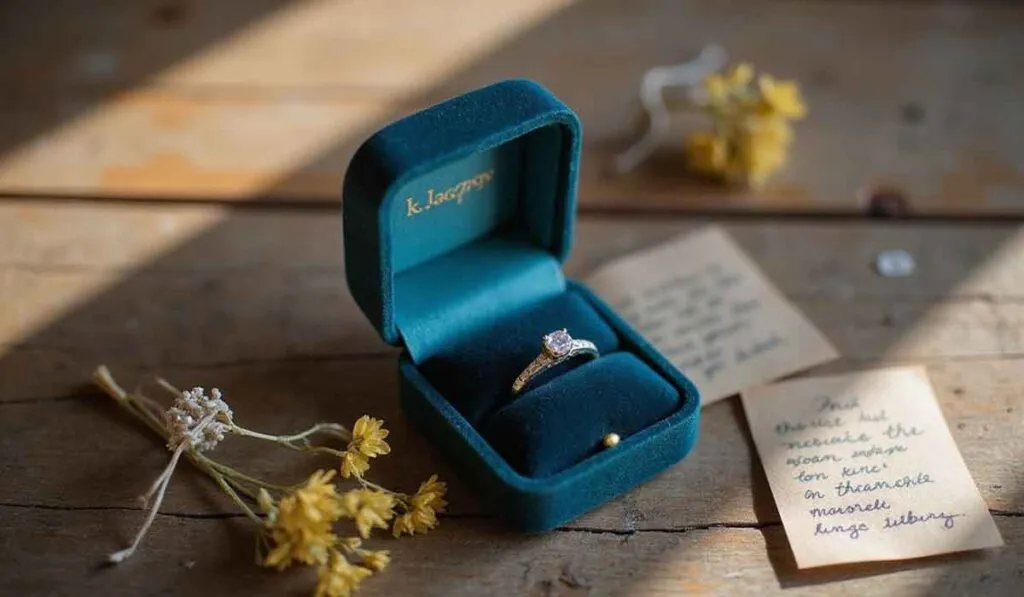 A diamond ring in a blue velvet box sits on a wooden surface, surrounded by dried flowers and handwritten notes.