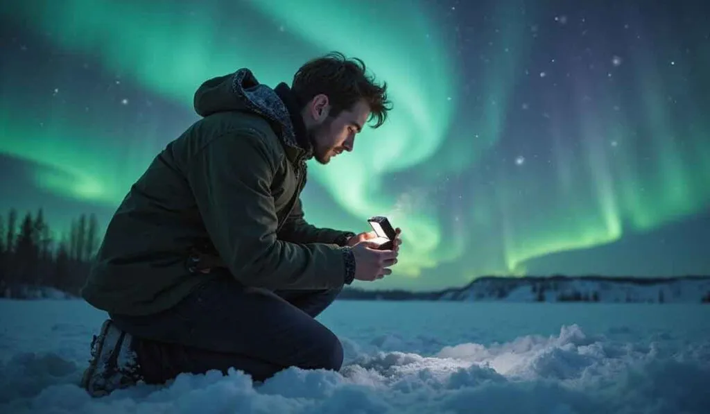 A person kneels in snow while looking at a smartphone, with green aurora borealis lights in the night sky above.