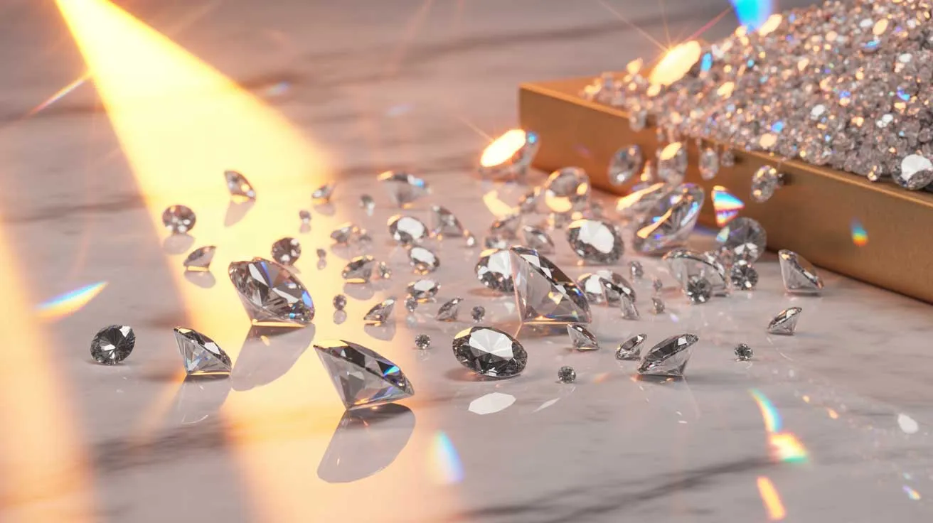 A group of cut diamonds scattered on a marble surface with a tray of more diamonds in the background, illuminated by a beam of light.